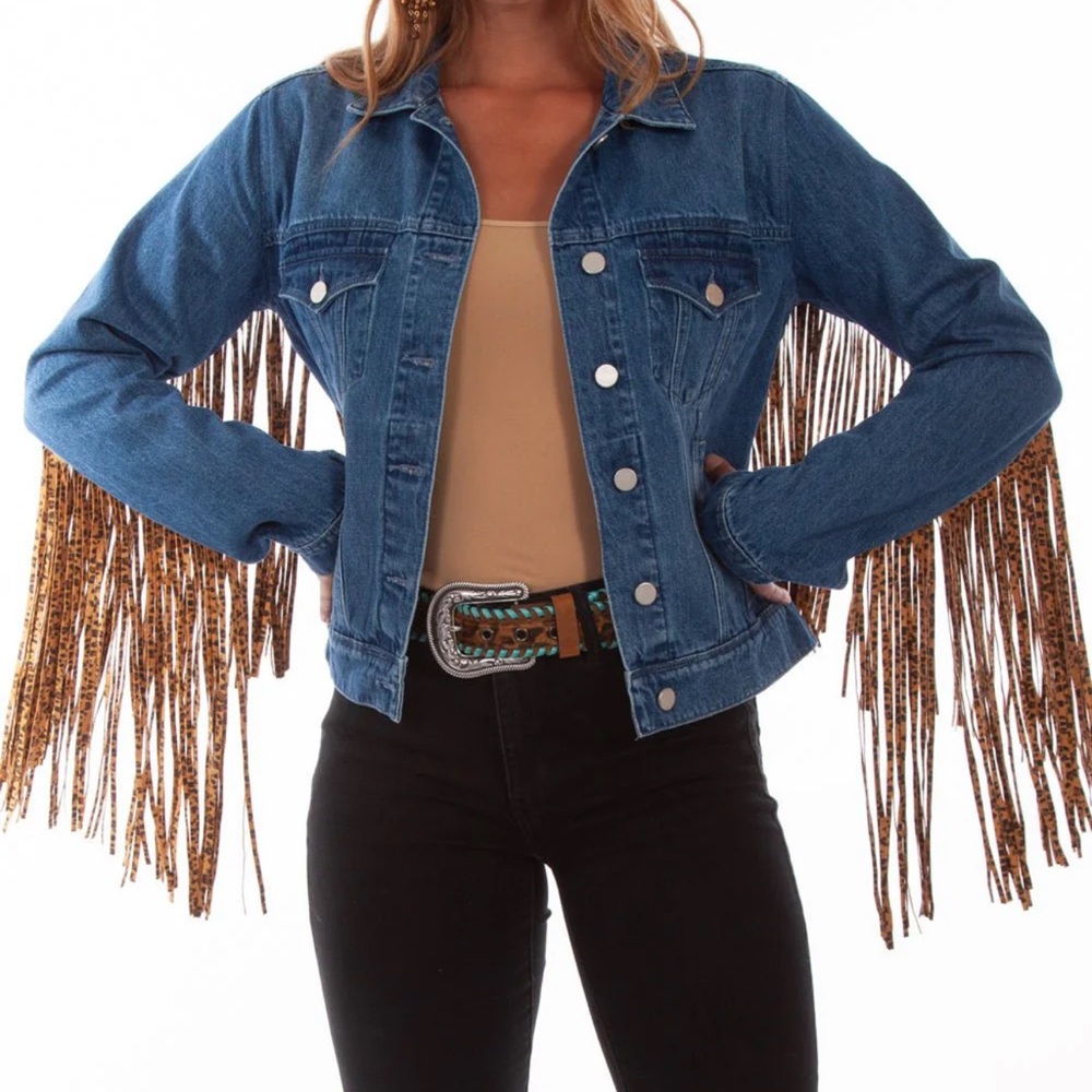 NWT Women’s Scully Fringe Cotton Blend Leopard Cheetah Western Denim Jacket XL